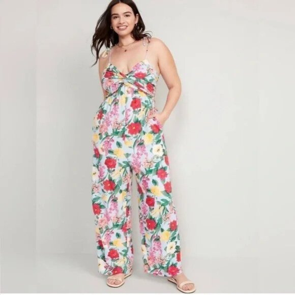 Old Navy Cropped Twist Front Smocked Floral Garden Wide Leg Jumpsuit xl - Picture 11 of 11